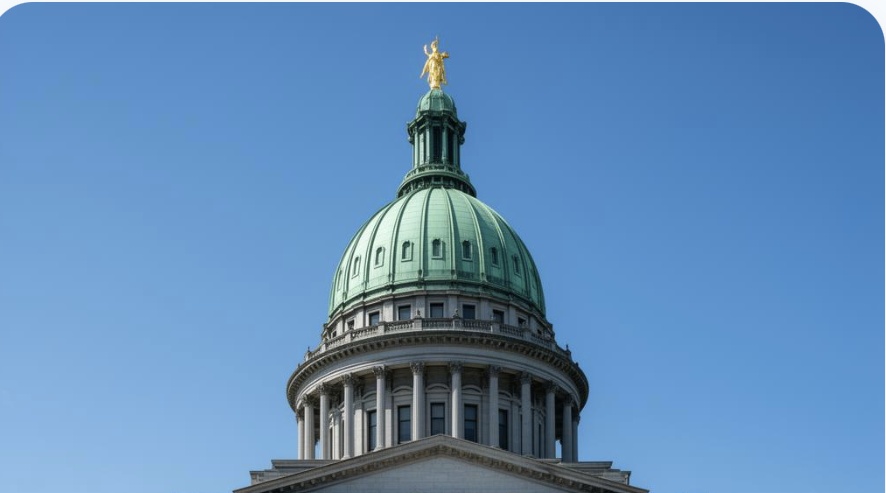 Full front view of the Pennsylvania State Capitol with dome and statue visible